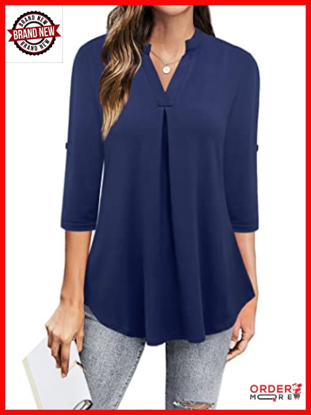 Dressy Casual 3/4 Sleeve V Neck Chiffon Blouse Work Tunic